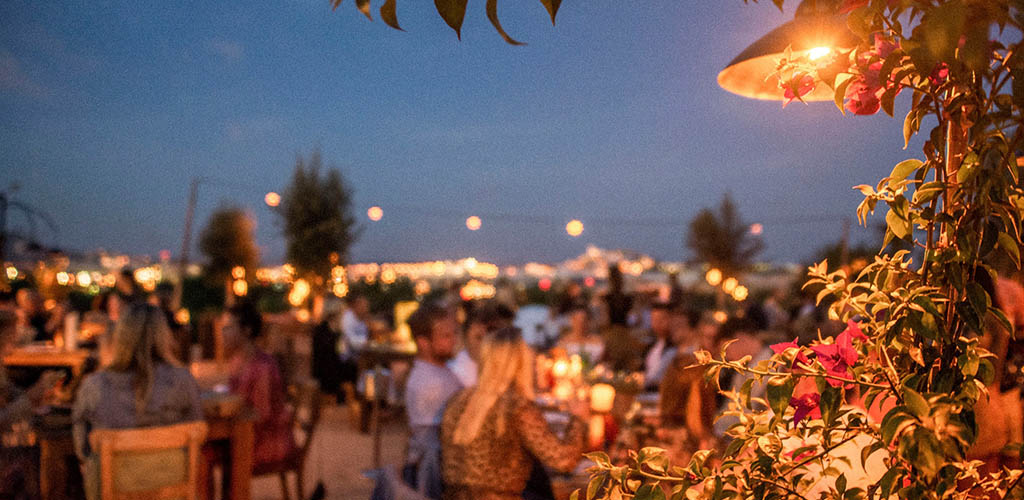 The patio of Casa Maca at dusk