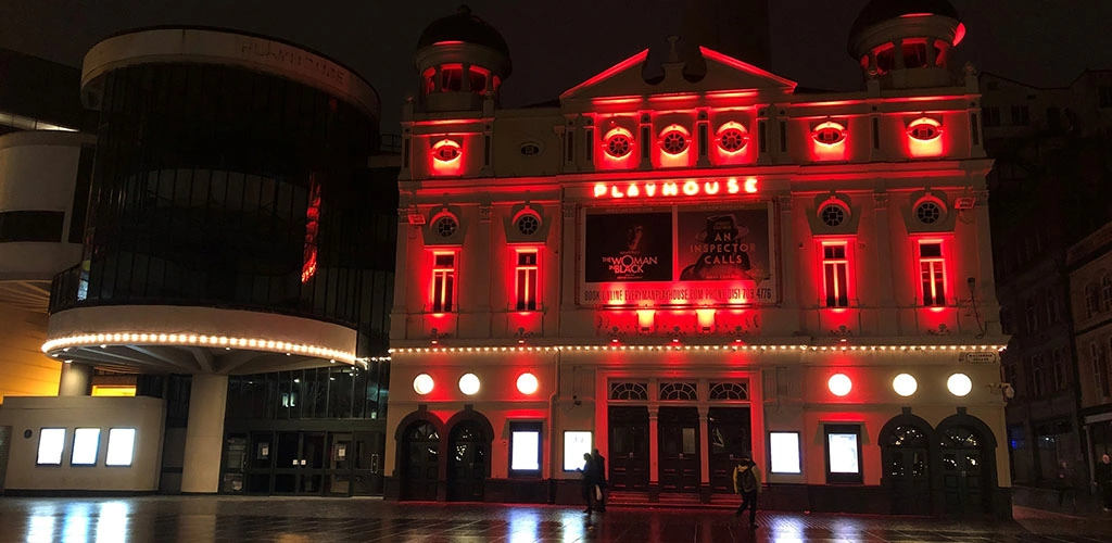 The exterior of Everyman Playhouse at night