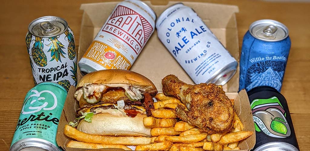 Burgers, chicken, fries and beers from