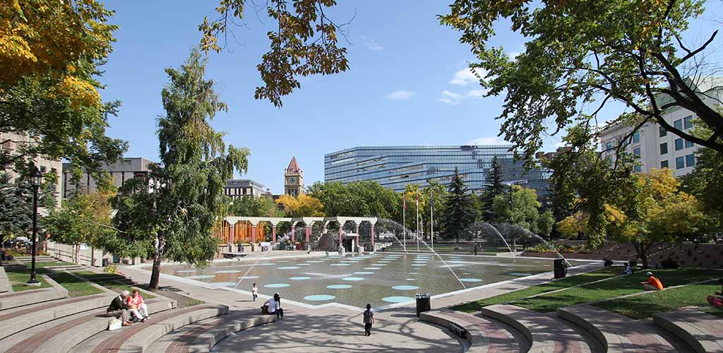 People enjoying the sunshine at Olympic Plaza