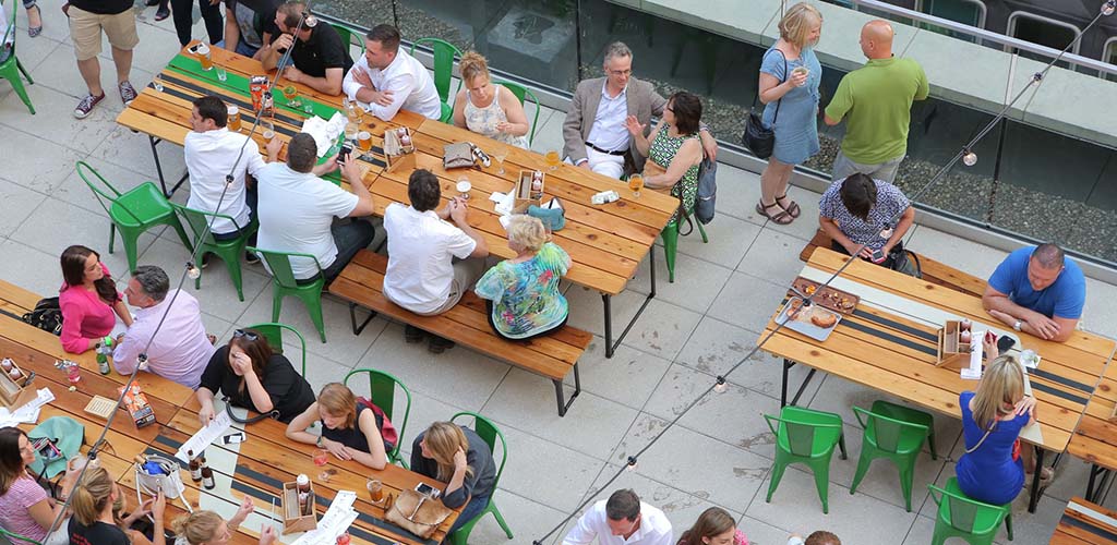 Aerial view of Biergarten at the Rooftop of Hotel Monaco