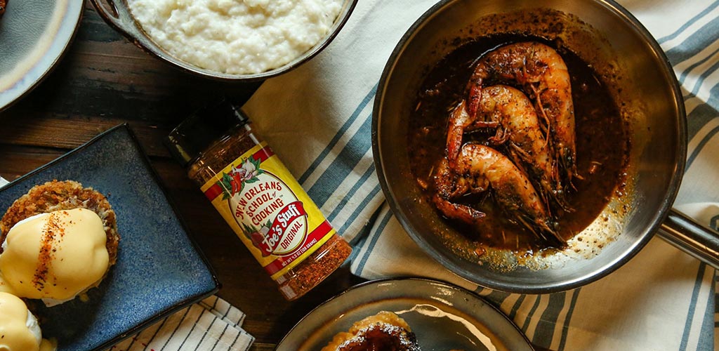 Dishes from The New Orleans School of Cooking featuring their signature spice