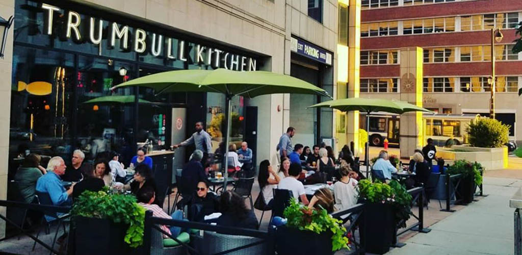 The patio full of people at Trumbull Kitchen