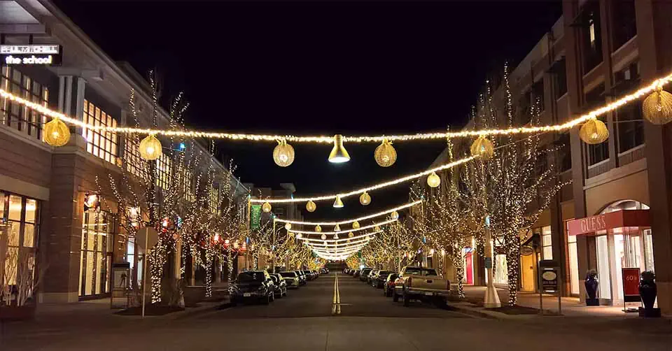 String lights in downtown Lakewood Colorado