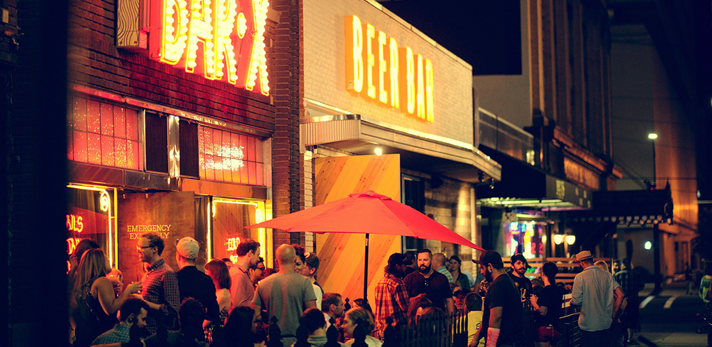 The patio at Bar X full of people