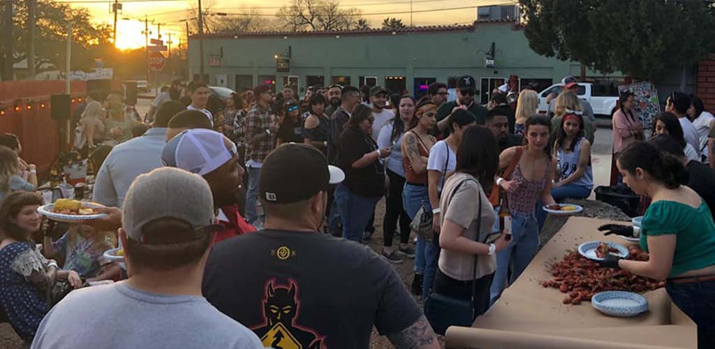 People lining up for food at The Squeezebox