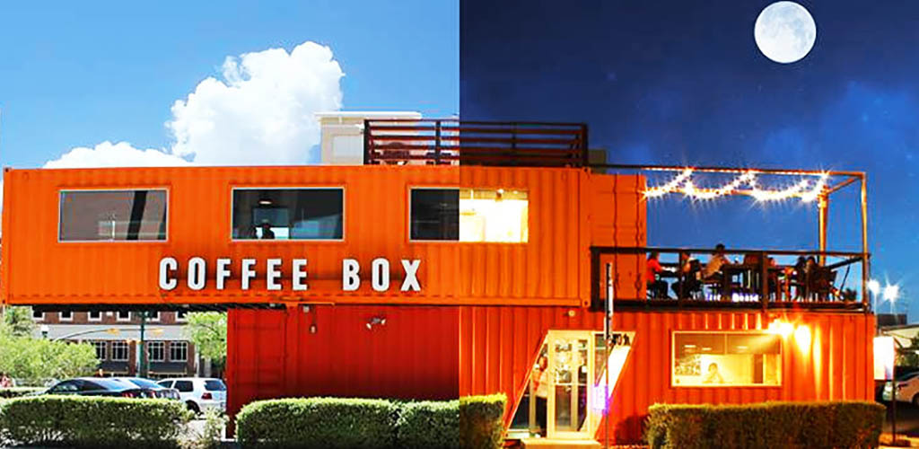 Coffee Box during the day and night