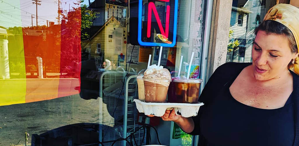 Getting her coffee fix from Monon Coffee