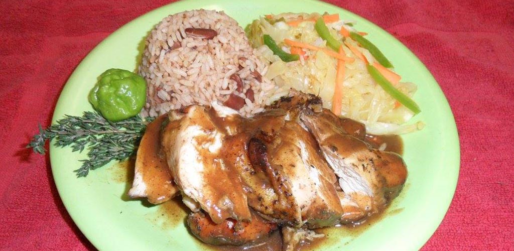 Jerk chicken with rice and veggies from Island Grocery and Caribbean Restaurant