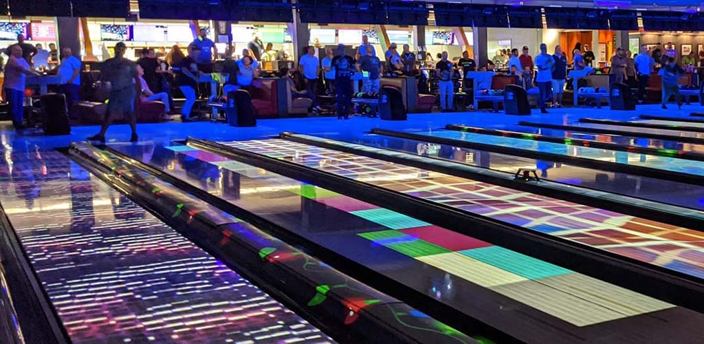 The bright neon lanes at West Seattle Bowl