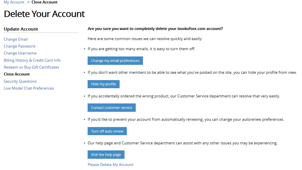 BookofSex Delete Your Account