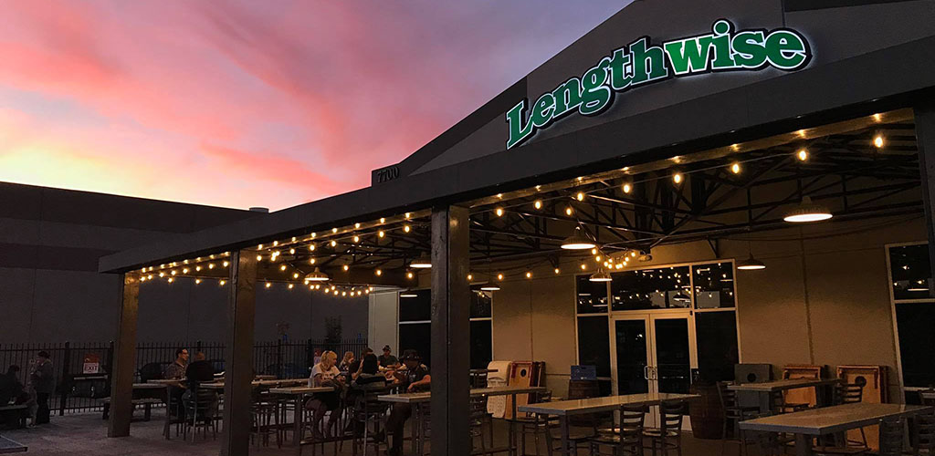 Outside Lengthwise Brewing Company at sunset