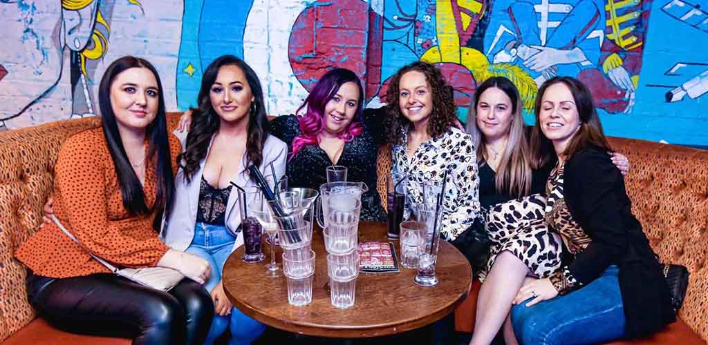 Six Cardiff ladies with drinks at Retro