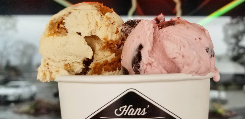 Two scoops of ice cream from Hans' Homemade Ice Cream