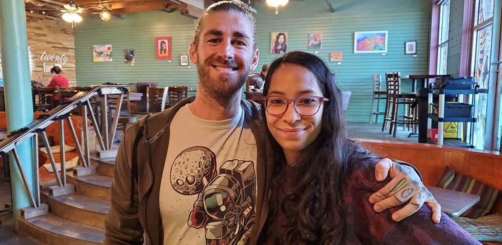 A couple on a date at Bennu Coffee 