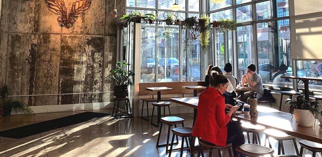 The spacious dining area of Kickapoo Coffee Roasters