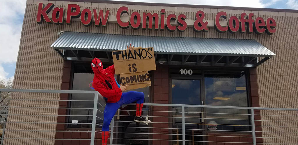 Kapow Comics and Coffee storefront with Spiderman