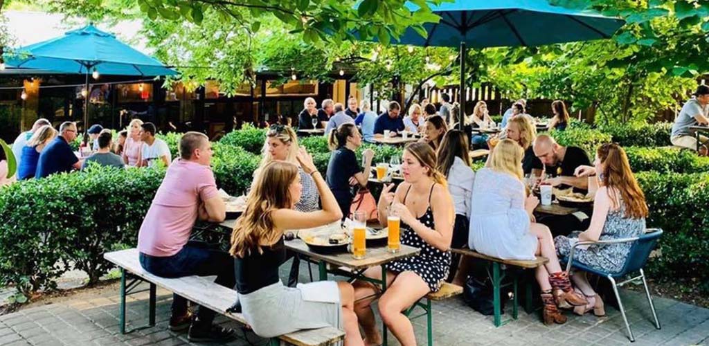 The patio of Pharmacy Burger Parlor and Beer Garden