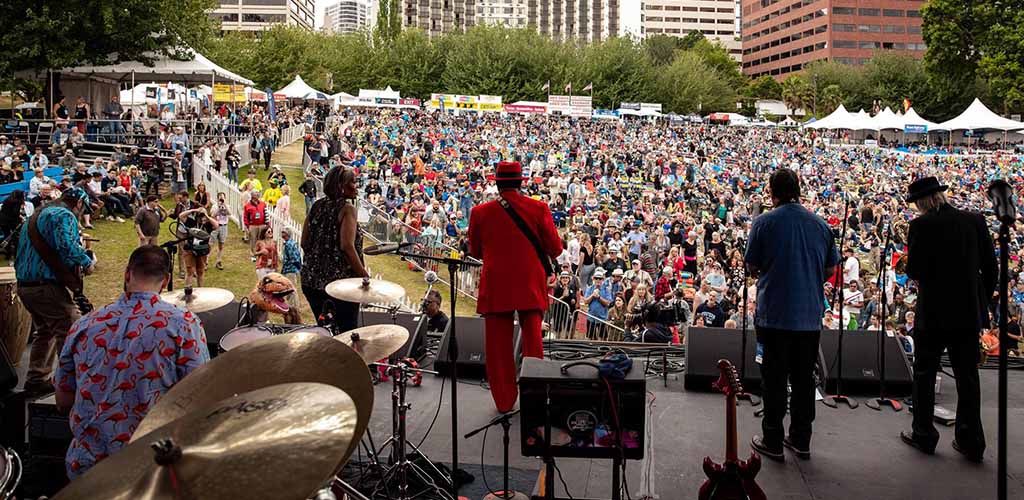 A live musical performance at the Waterfront Blues Fest