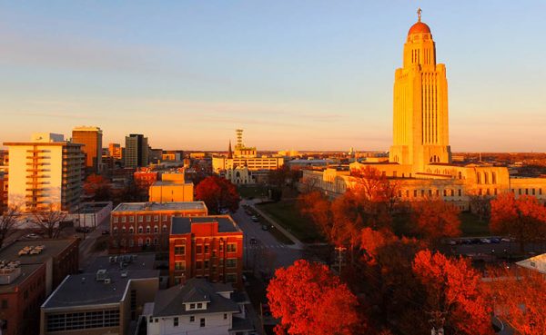 Lincoln Nebraska during a fall sunset