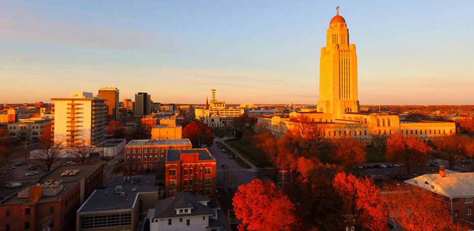 Lincoln Nebraska during a fall sunset