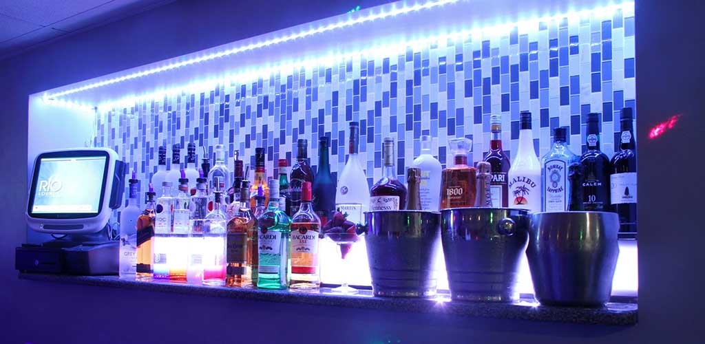 The shelf of drinks at Rio Lounge