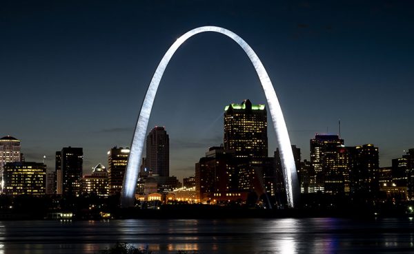 St Louis Gateway Arch brightly lit and shining at night