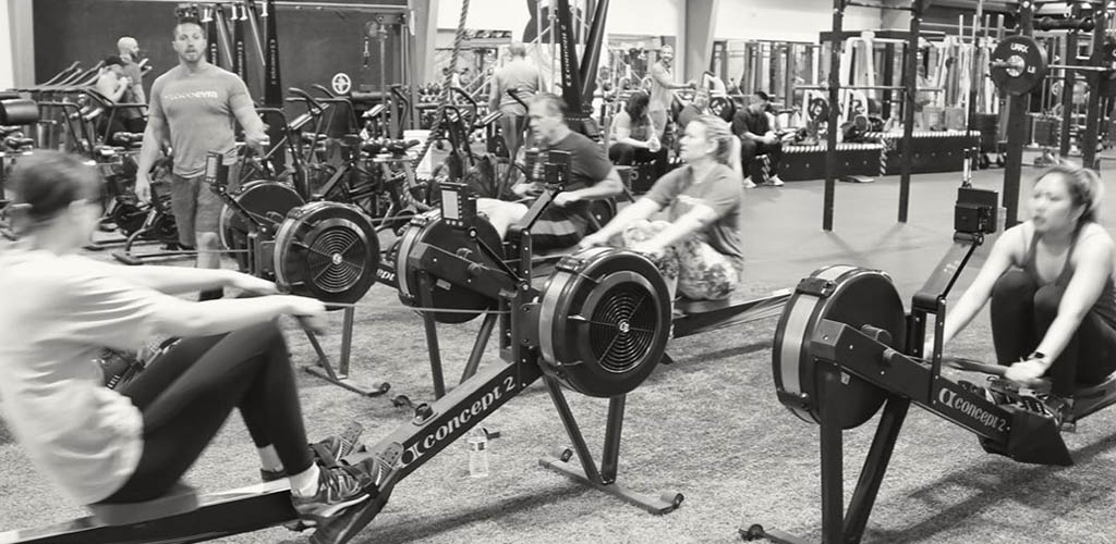 Fitness-minded members at the rowing machines of Protogym