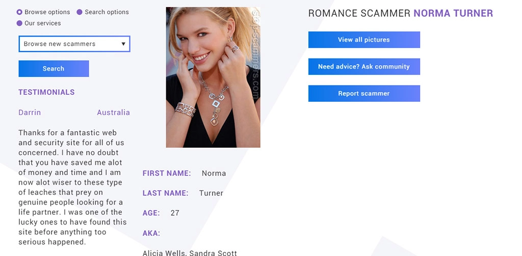 Her photo is on TinEye with people complaining that she's a scammer