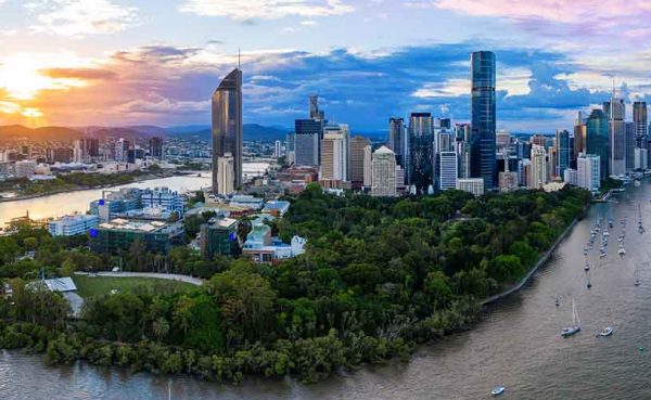 Panorama of Brisbane skyline at sunset