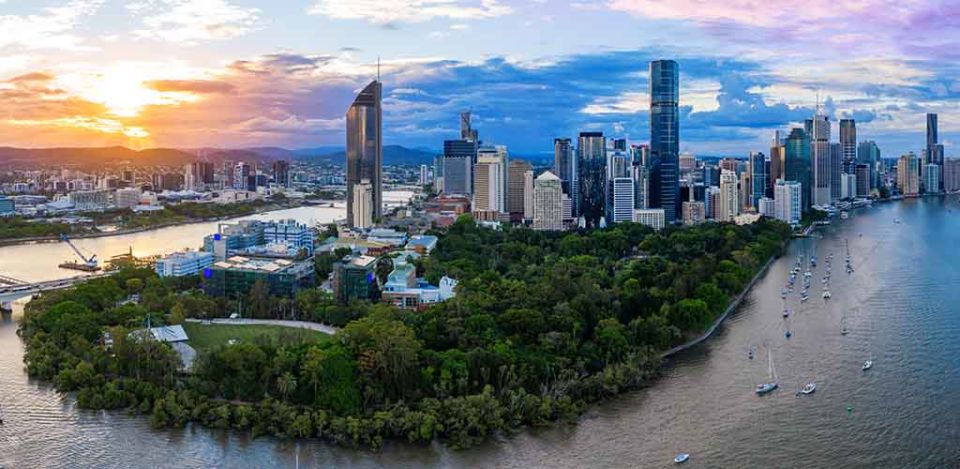 Panorama of Brisbane skyline at sunset