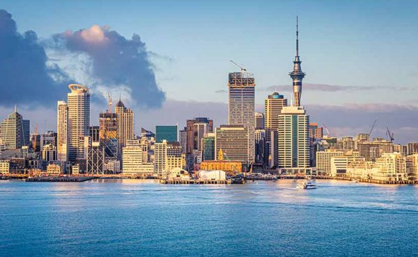 Auckland skyline at sunrise, Auckland, New Zealand