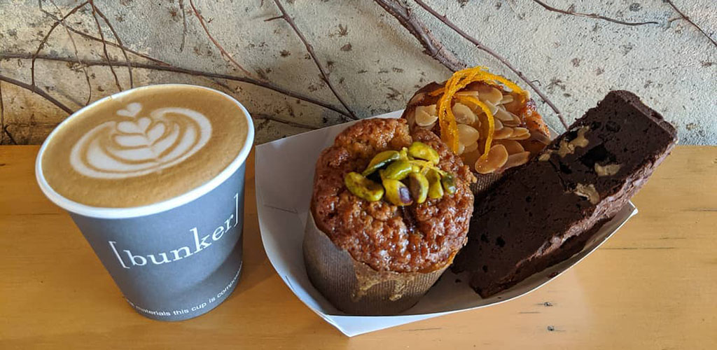 A latte and pastries from Bunker Coffee