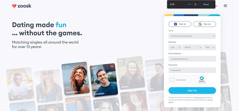 Landing page Zoosk