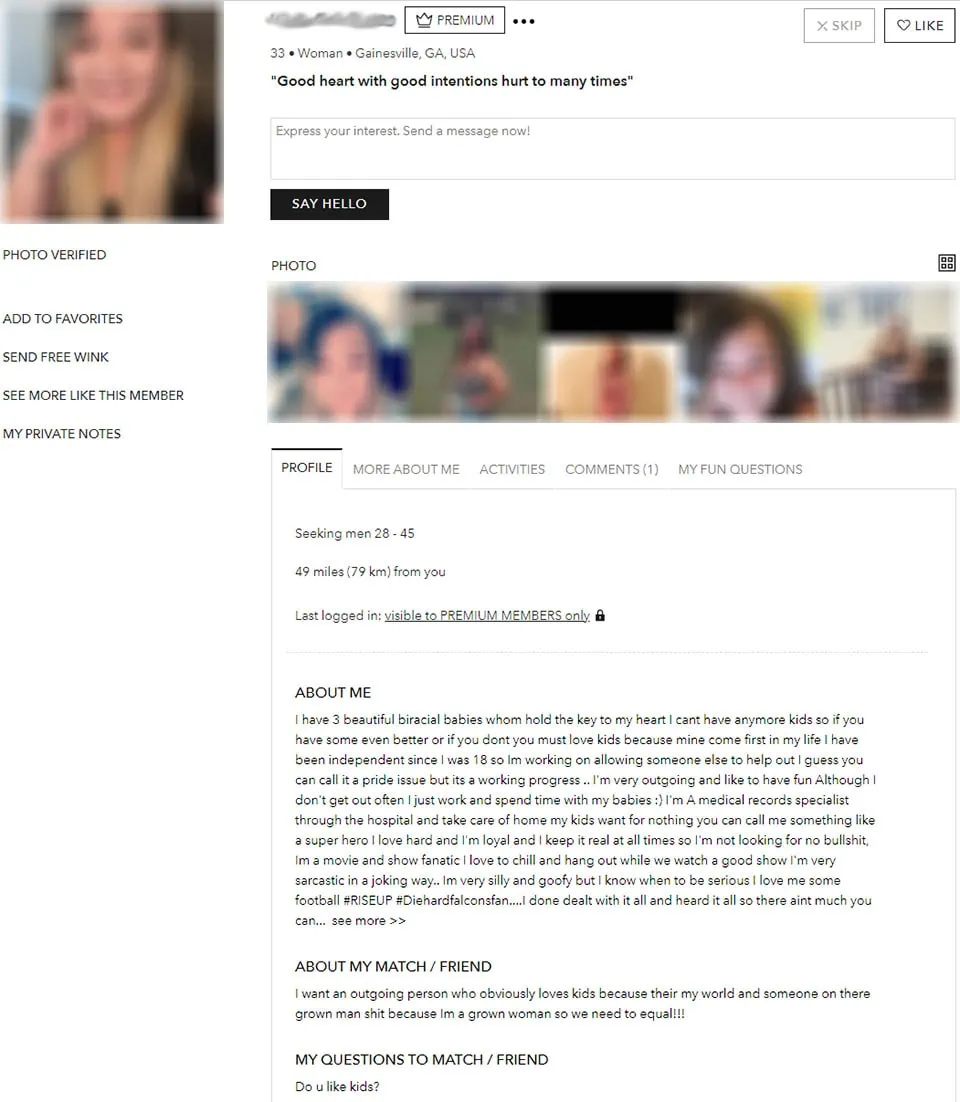 A sample profile from the site