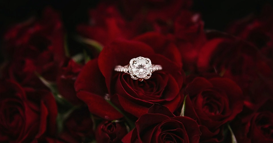 An engagement ring on roses