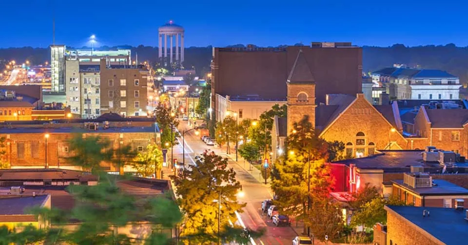 Aerial view of Columbia Missouri at night