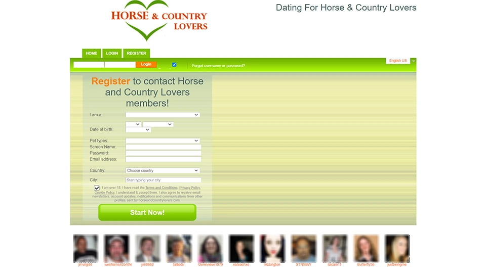 Horse and Country Lovers login page