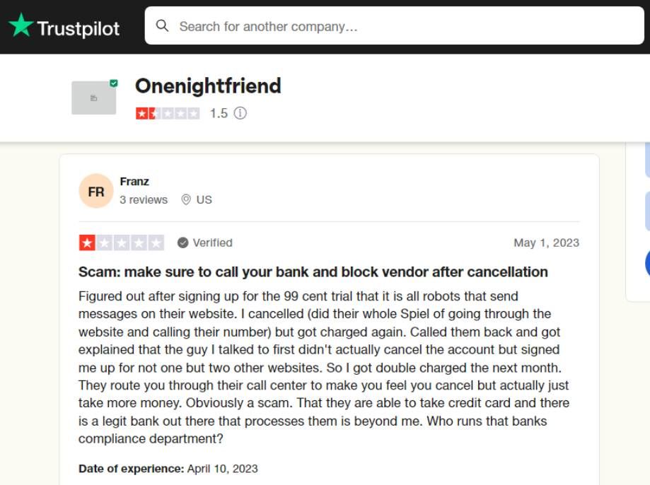 One Night Friend Review on Trustpilot