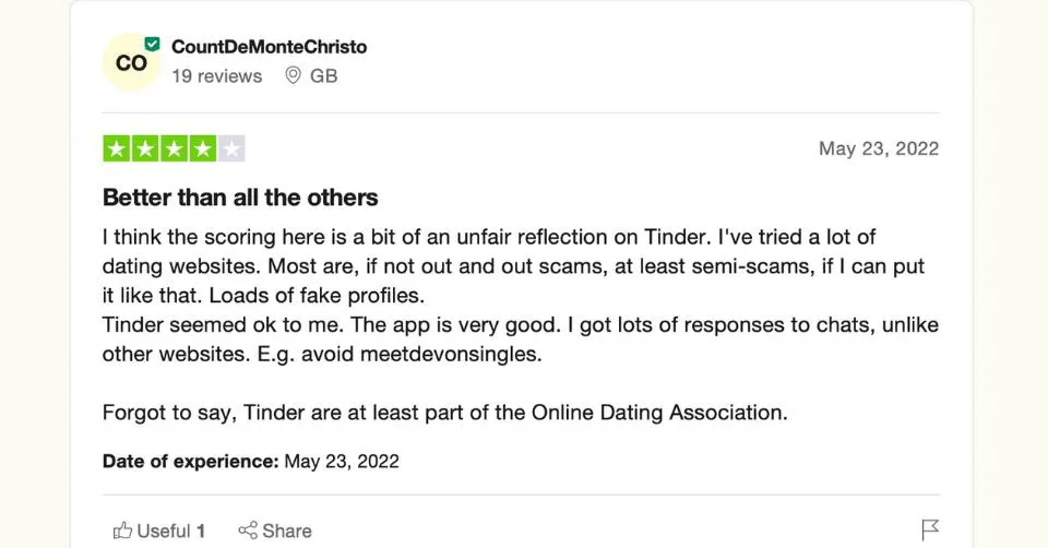 Tinder review on Trustpilot